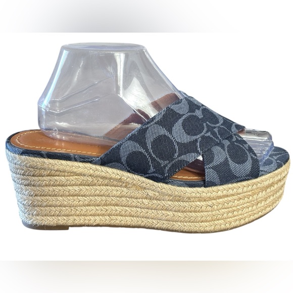 COACH-Denim Monogram Platform WEDGE 8.5/39 Espadrille-Sandal-Blue Style FG 2108 - Picture 3 of 11